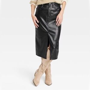Universal Thread Women’s Black Faux Leather Midi Skirt With Front Slit Size 12